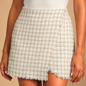 SOLD: Lulus Preppy Ivory Plaid Tweed Faux-Wrap Mini Skirt